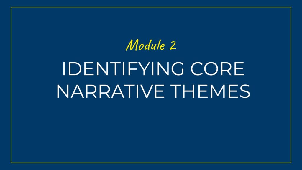 An image displaying text which is the title of Module 2: Identifying Core Narrative Themes